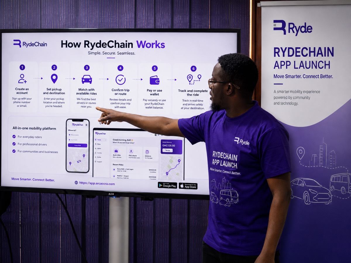 Walking through how RydeChain works, with the app shown on screen at the Accra launch