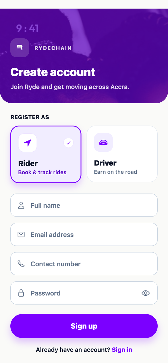 Create account — register as Rider or Driver